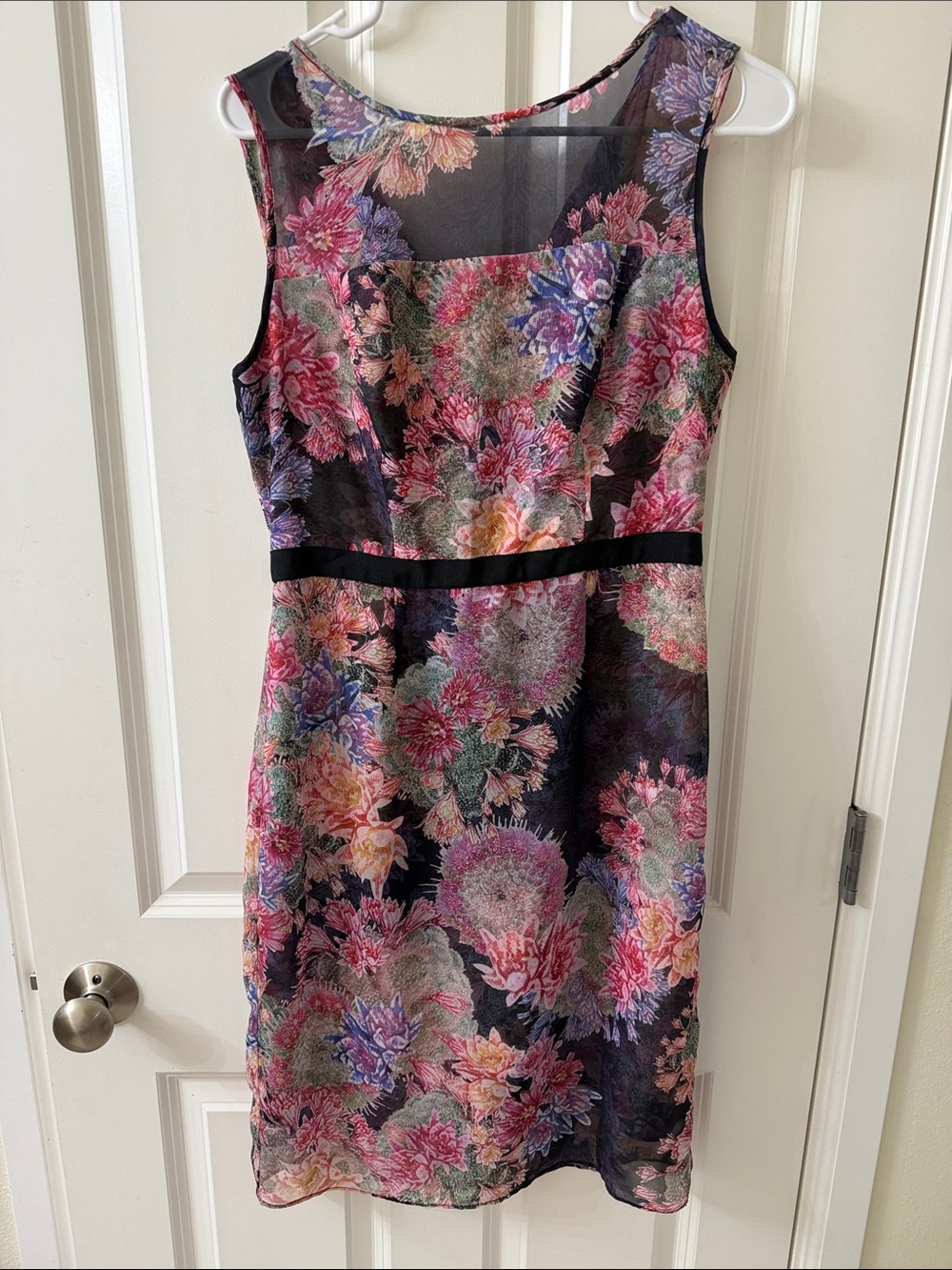 Adrianna Papell Black Floral Sheath Dress with Pink, Purple and Green